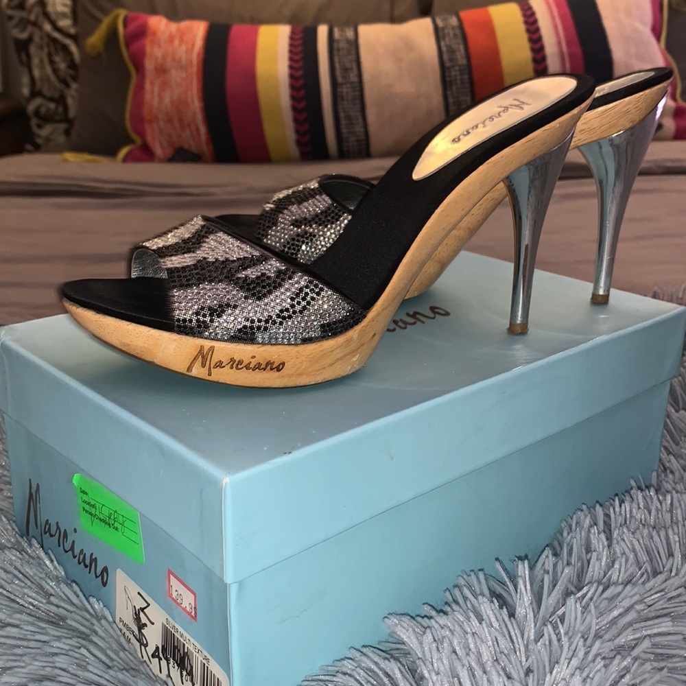 Marciano Silver Multi-Texture open toe slip on heels PMBetina